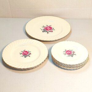 Vtg Burleigh Ware Pink Rose Plates - 1 dinner , 2 side plates & 6 dessert plates